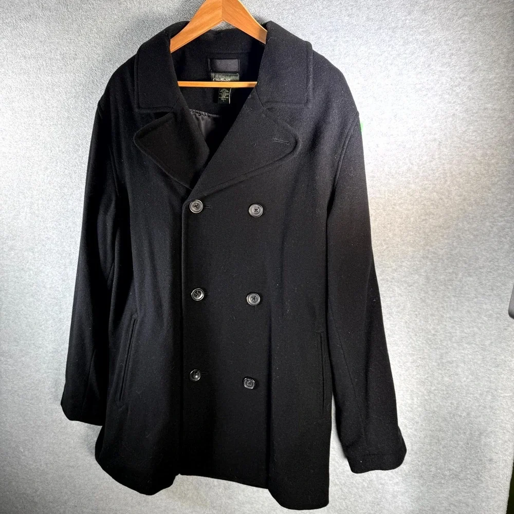 Eddie Bauer Peacoat Men's Large Tall LT Black Wool Double-Breasted Notch Lapel‎
